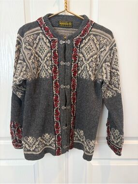 Vintage Wool Norwegian Unisex Cardigan Sweater with Red tapestry Trim